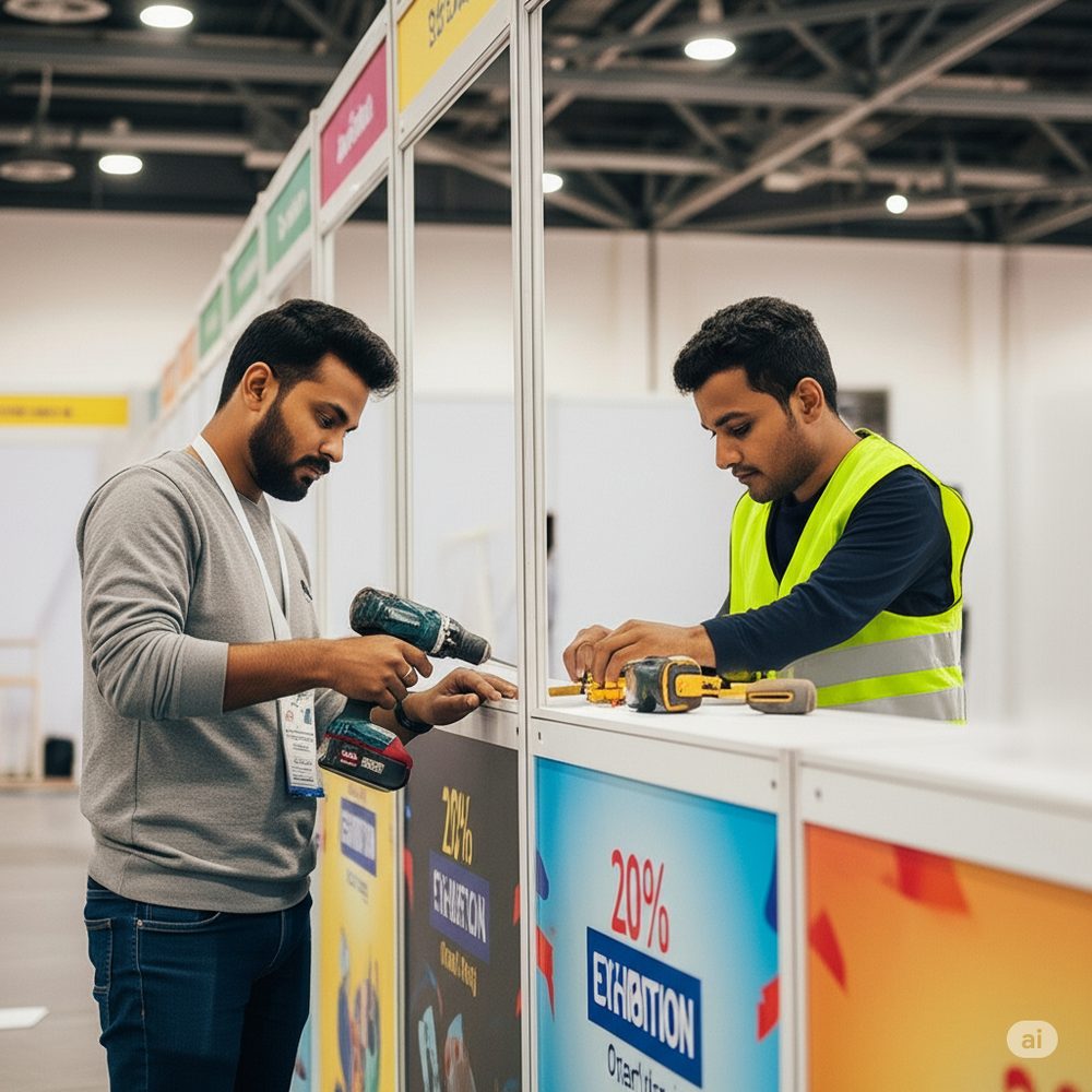 Valley Advertising team installing branded banners at a client site in UAE